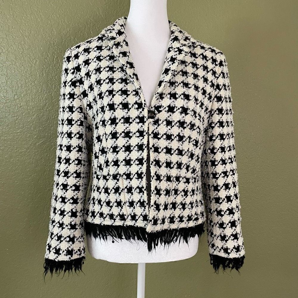 Escada Womens L White Black Houndstooth Designer Knit Wool Jacket Coat